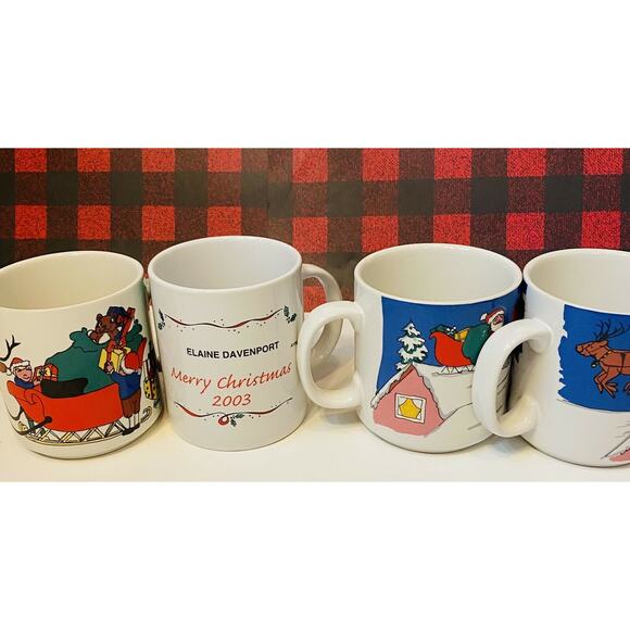 Retro Christmas Mugs 4 Coffee Cocoa Tea Mugs Holiday Traditions Stoneware - Picture 4 of 7